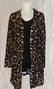 Lightweight leopard print cardigan with buttons and pockets.