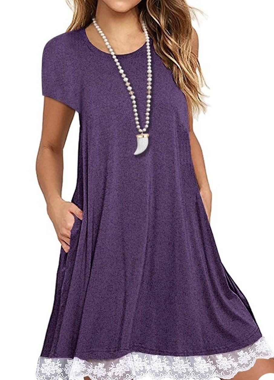 T-shirt dress with white lace trim and pockets