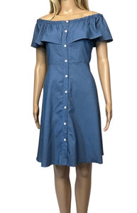 Denim button up dress with ruffle