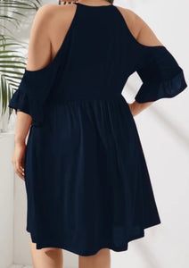 Plus size navy cold shoulder 1/2 sleeve midi dress