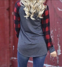 Load image into Gallery viewer, Long sleeve grey sweater with red plaid sleeves
