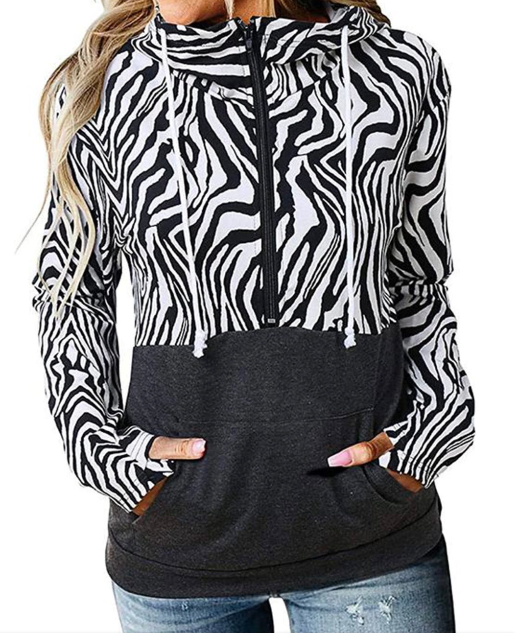 Zebra print kangaroo pocket hoodie