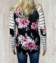 Load image into Gallery viewer, Floral striped long sleeve top with elbow patches
