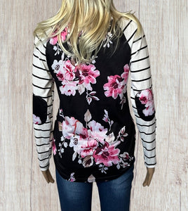 Floral striped long sleeve top with elbow patches