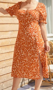 Plus size orange floral print midi dress