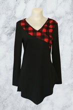 Load image into Gallery viewer, Black with red plaid trim asymmetrical tunic top
