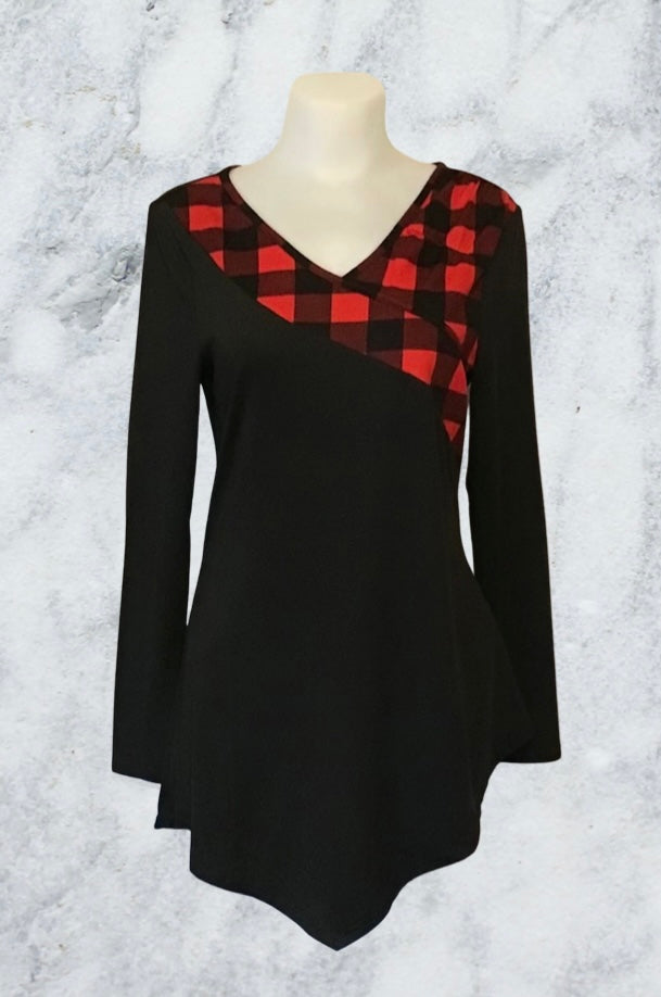 Black with red plaid trim asymmetrical tunic top