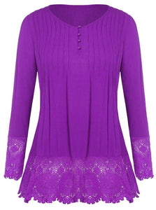 Plus size purple long sleeve top with buttons and lace