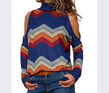 Load image into Gallery viewer, High neck cold shoulder striped top
