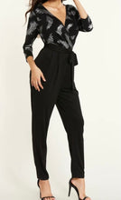 Load image into Gallery viewer, Black deep v-neck crossed front design jumpsuit with belt
