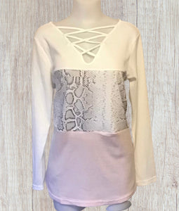 Criss cross white snakeskin print and pink color block top