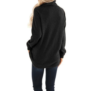 Black wrap design turtleneck teddy sweater