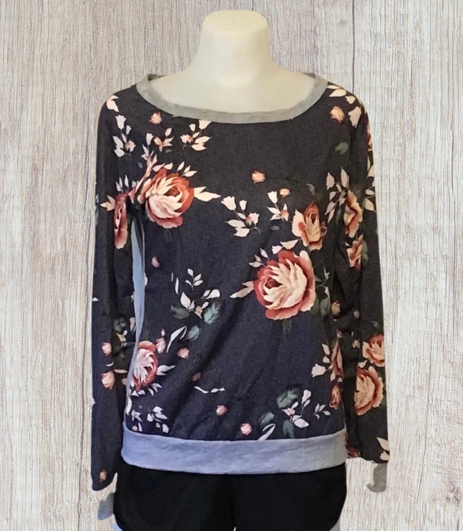 Loose fitting floral print long sleeve tops