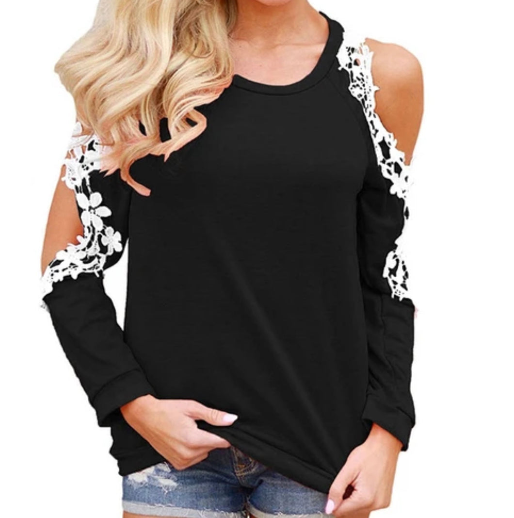 Cold shoulder long sleeve top with lace crochet trim