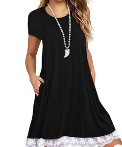 T-shirt dress with white lace trim and pockets