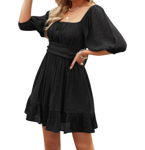 Square neck ruffled dress with bow knot in back