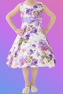 Girls floral purple dress with bow and lining