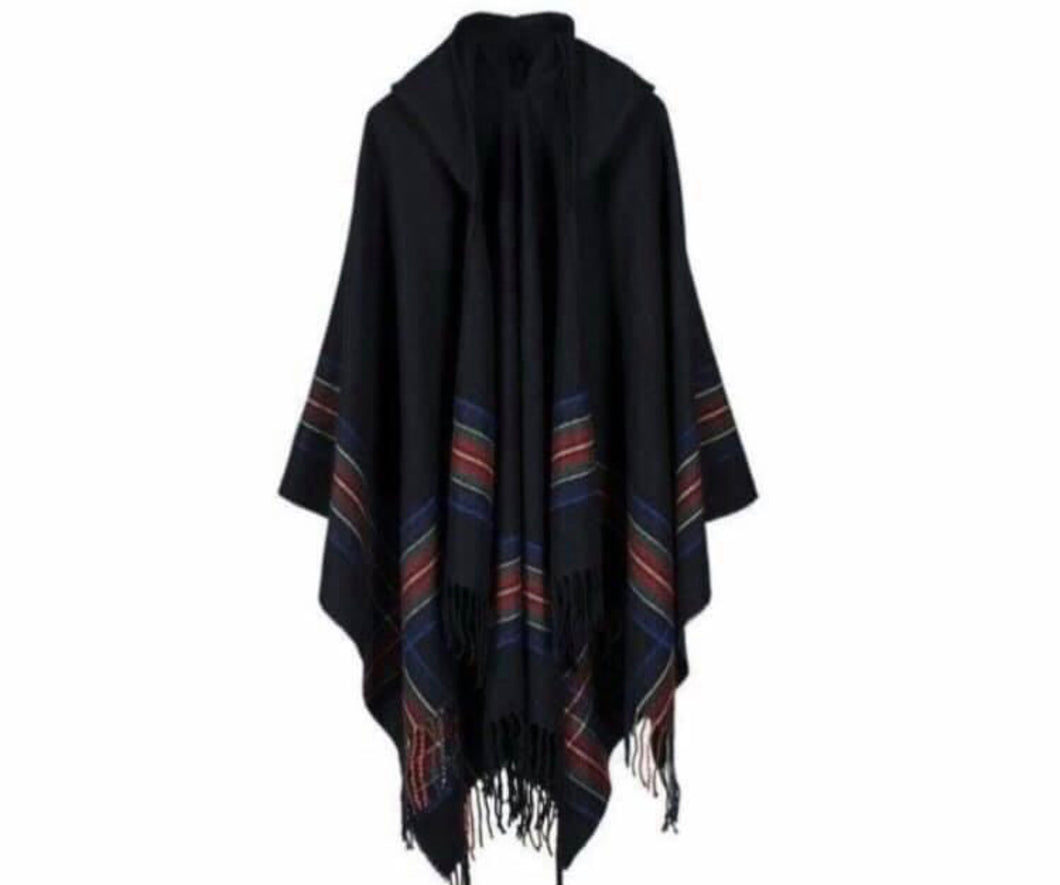 Open front tassel poncho with hood