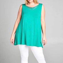 Load image into Gallery viewer, Long green tunic tank top with criss cross detail
