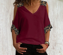 Load image into Gallery viewer, Cold shoulder V-neck tee with leopard print trim
