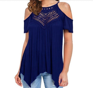 Blue short sleeve cold shoulder top