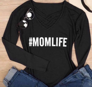 Lightweight long sleeve #Momlife sweaters with criss cross design