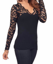 Load image into Gallery viewer, Black v-neck floral lace blouse
