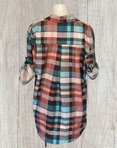 Ladies multi-color plaid button up shirt.