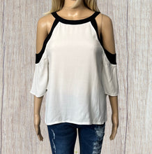 Load image into Gallery viewer, White cold shoulder blouse with black trim
