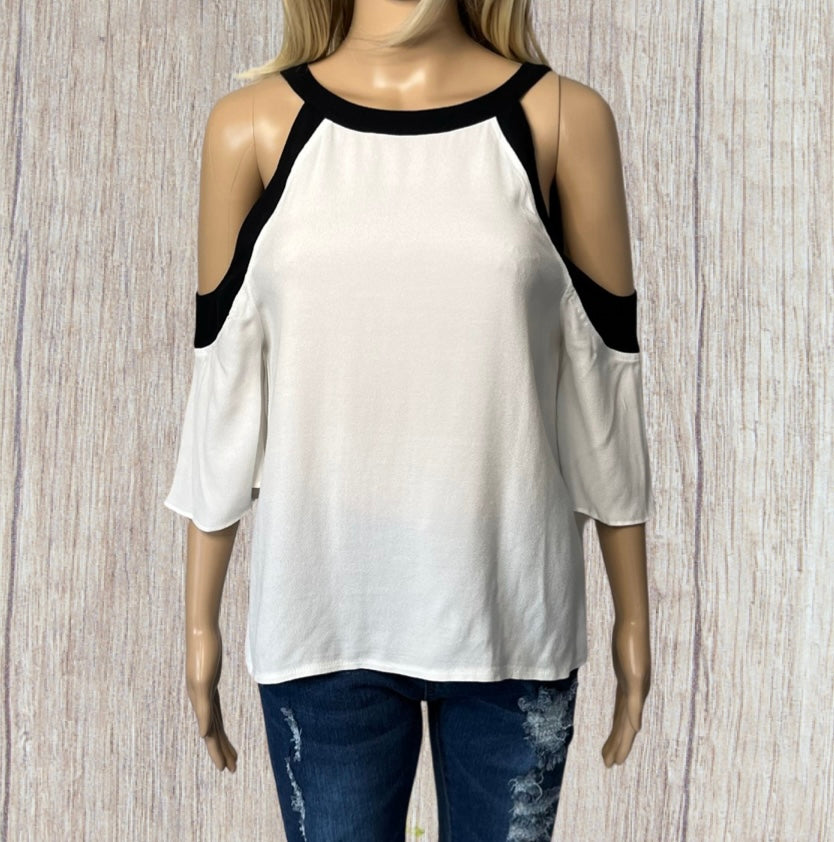 White cold shoulder blouse with black trim