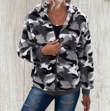 Load image into Gallery viewer, Grey camouflage fleece hooded coat with zipper and pockets
