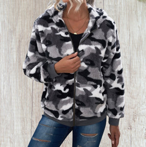 Grey camouflage fleece hooded coat with zipper and pockets