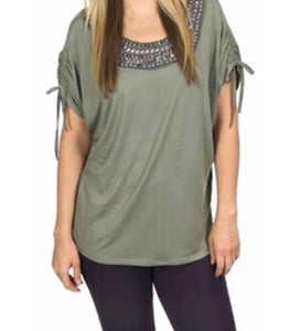 Olive green top with lots of bling