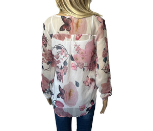 High/low chiffon button up floral blouse