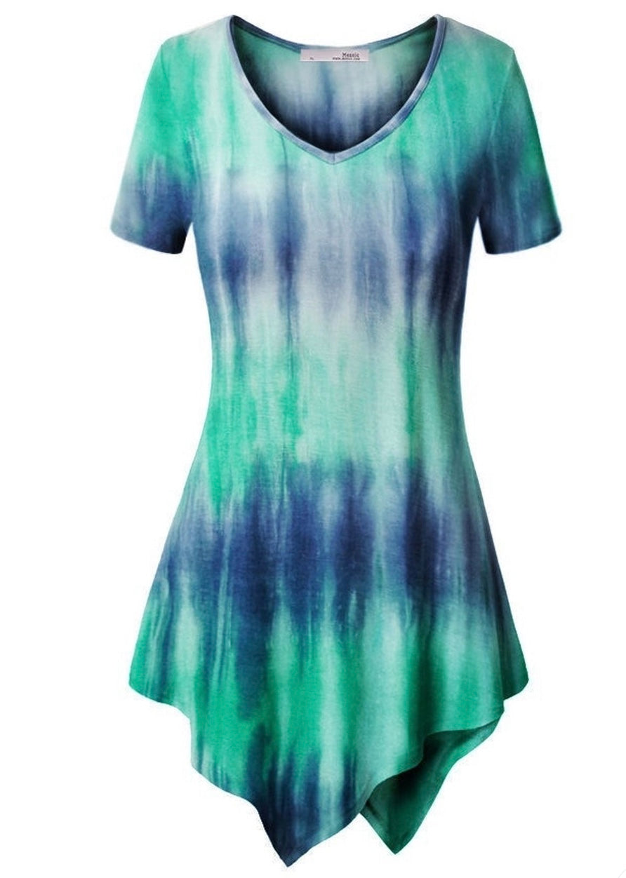 Tie dye v-neck top with irregular hem