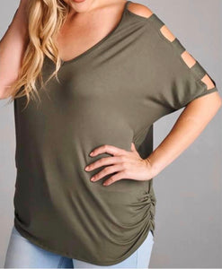 Plus size army green ladder sleeve top