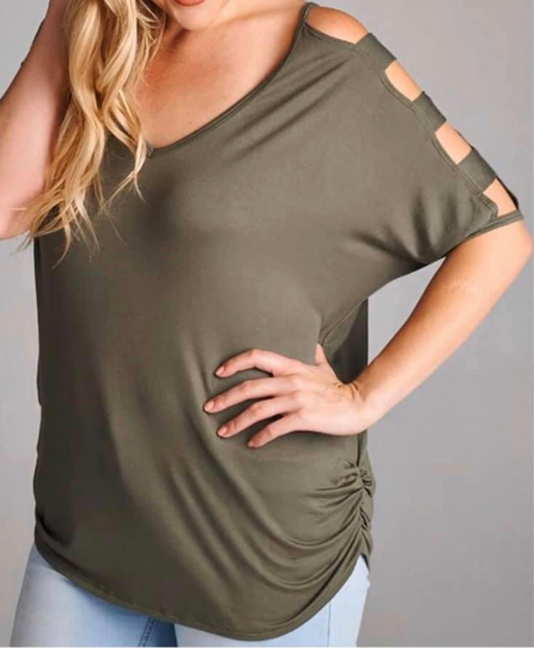 Plus size army green ladder sleeve top