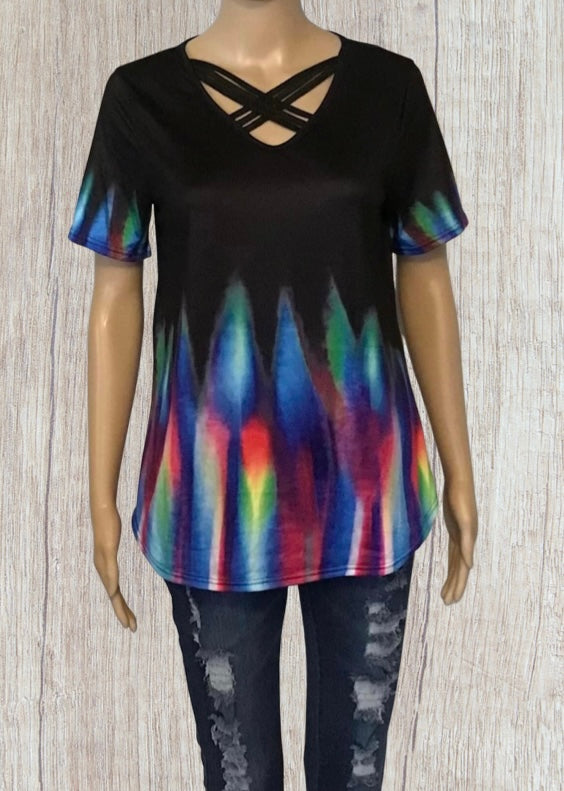 Short sleeve multi coloured criss cross top