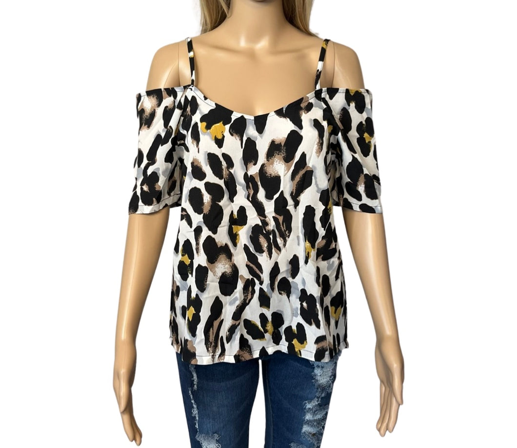 Leopard print cold shoulder short sleeve blouse