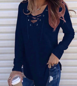 Lace up design V-neck long sleeve top
