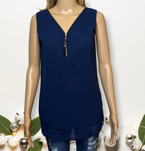 Load image into Gallery viewer, Layered sleeveless top with zipper and criss cross back
