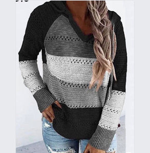 Long sleeve knit hollow out sweater with hood