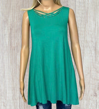 Load image into Gallery viewer, Long green tunic tank top with criss cross detail
