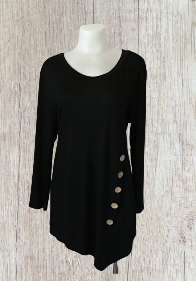 Long sleeve top with asymmetrical hem and decorative buttons