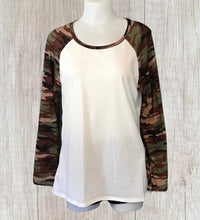 Load image into Gallery viewer, Striped and solid long sleeve tops with camouflage print sleeves
