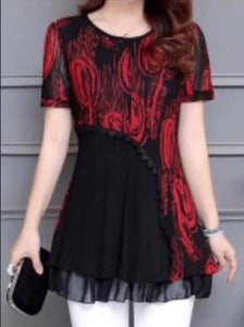 Red, black tunic top with bottom ruffle