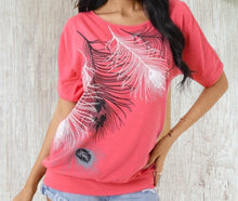 Load image into Gallery viewer, Feather print cold shoulder bright pink top
