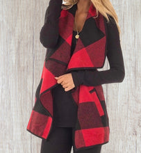 Load image into Gallery viewer, Buffalo plaid open front vest with lapel collar
