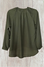 Load image into Gallery viewer, Army green high/low button up blouse.
