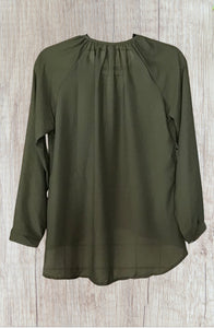 Army green high/low button up blouse.